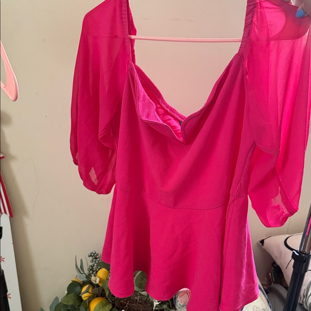 SHEIN Hot Pink Peplum Blouse with Sheer Puff Sleeves